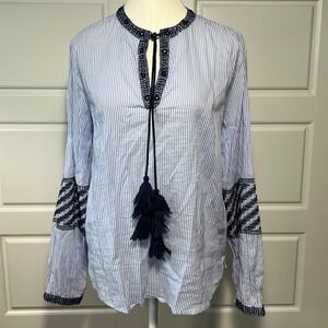 Sfera Casual Blue White Stripe Tassel Neck Embroidered Bell‎ Sleeve Blouse Top M